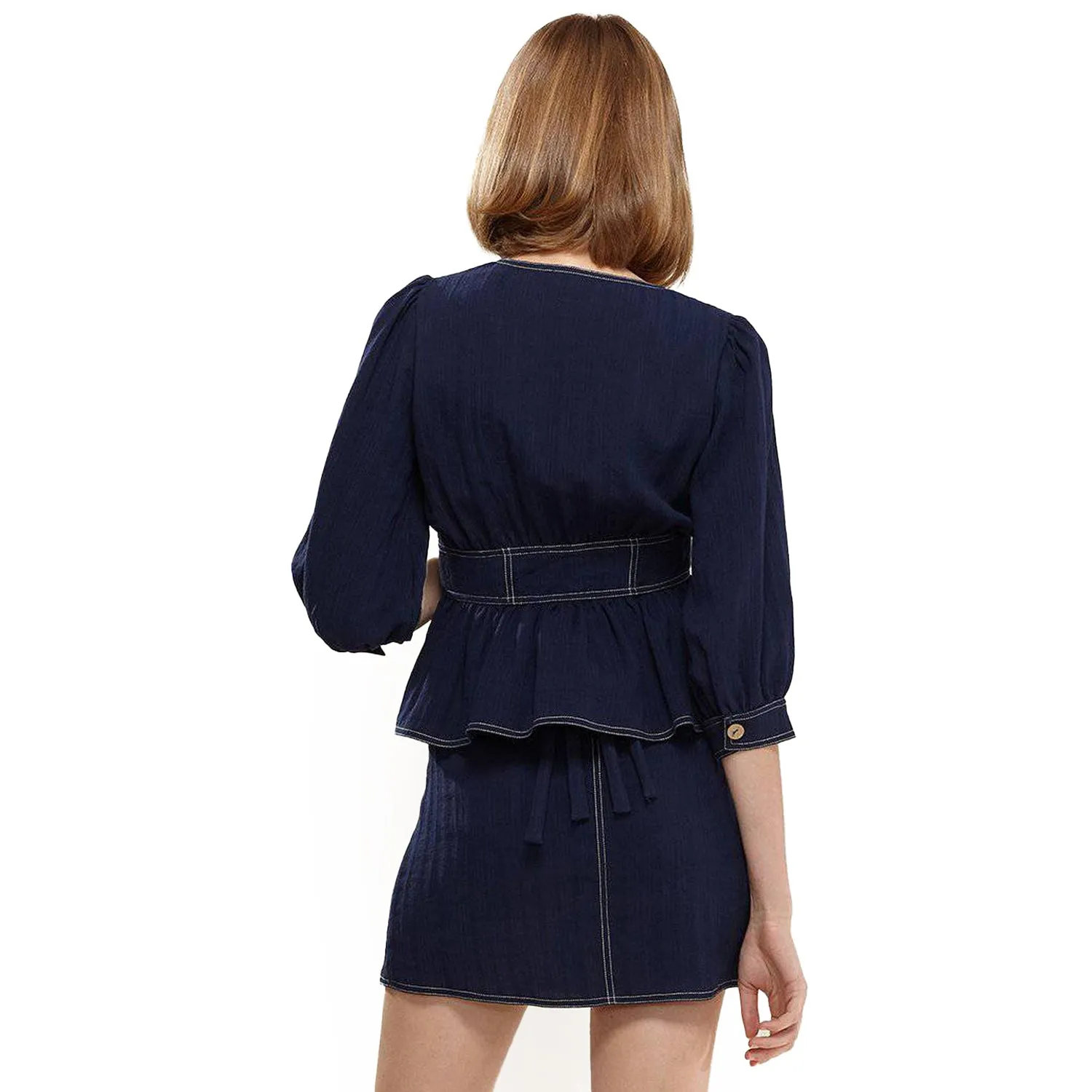 Puff Shoulder Button Front Peplum Top in Navy