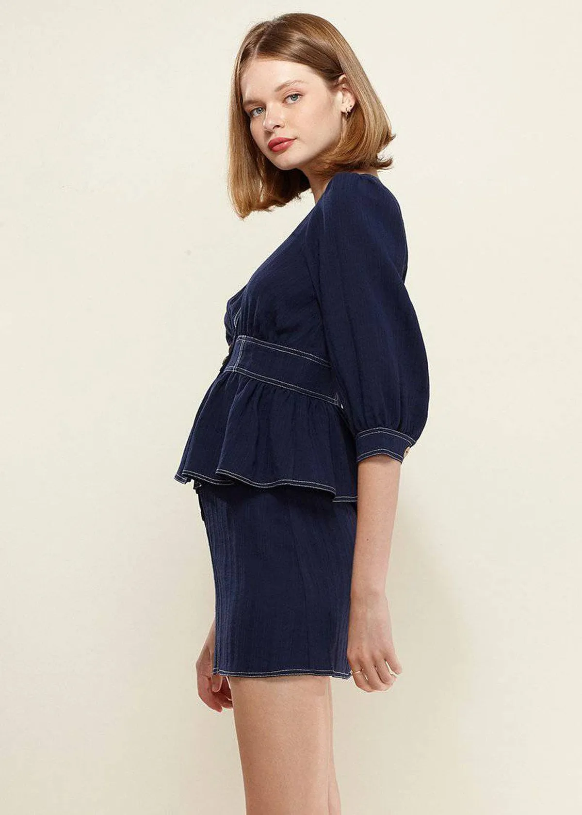 Puff Shoulder Button Front Peplum Top in Navy