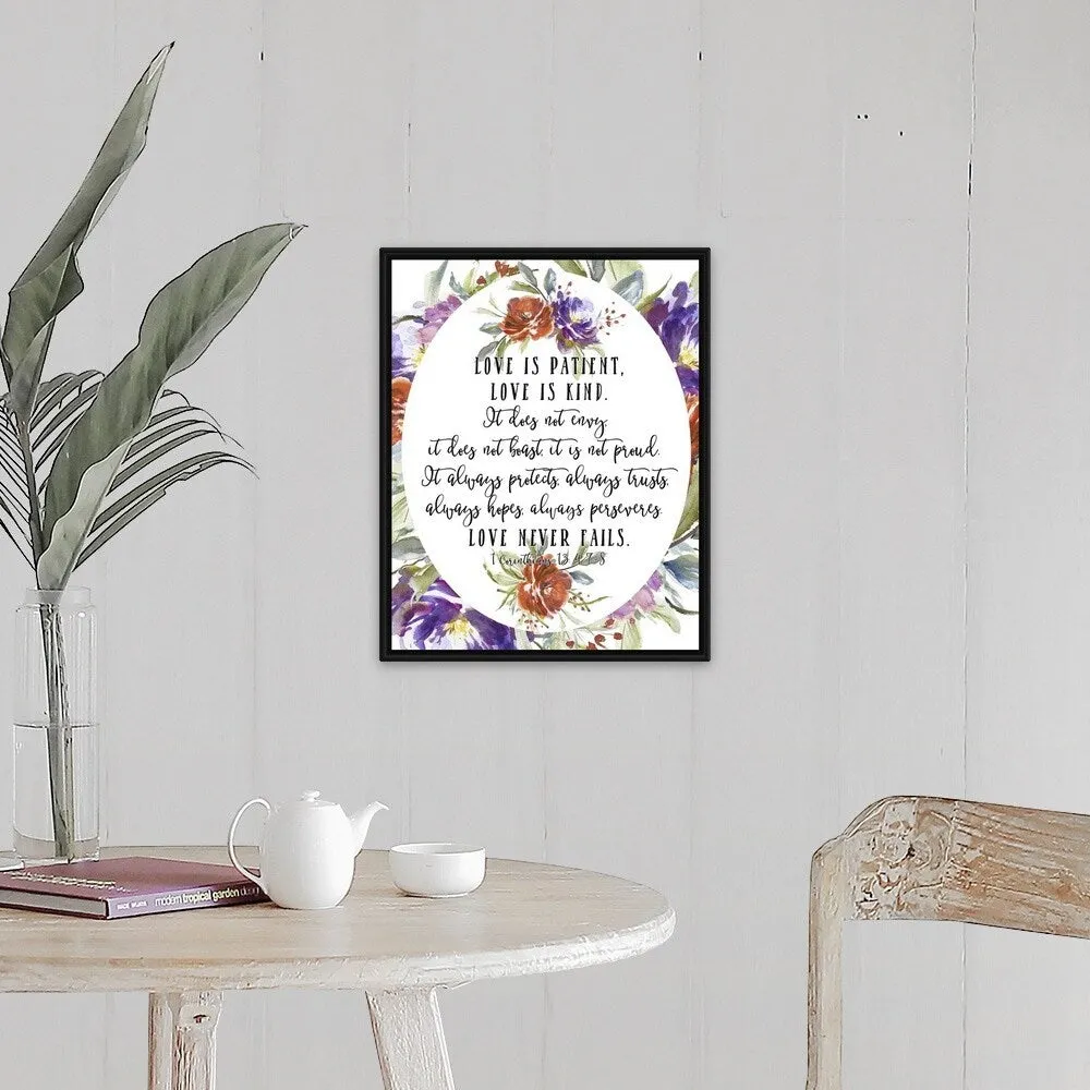 "1 Corinthians 13 4, 7-8" Black Float Frame Canvas Art