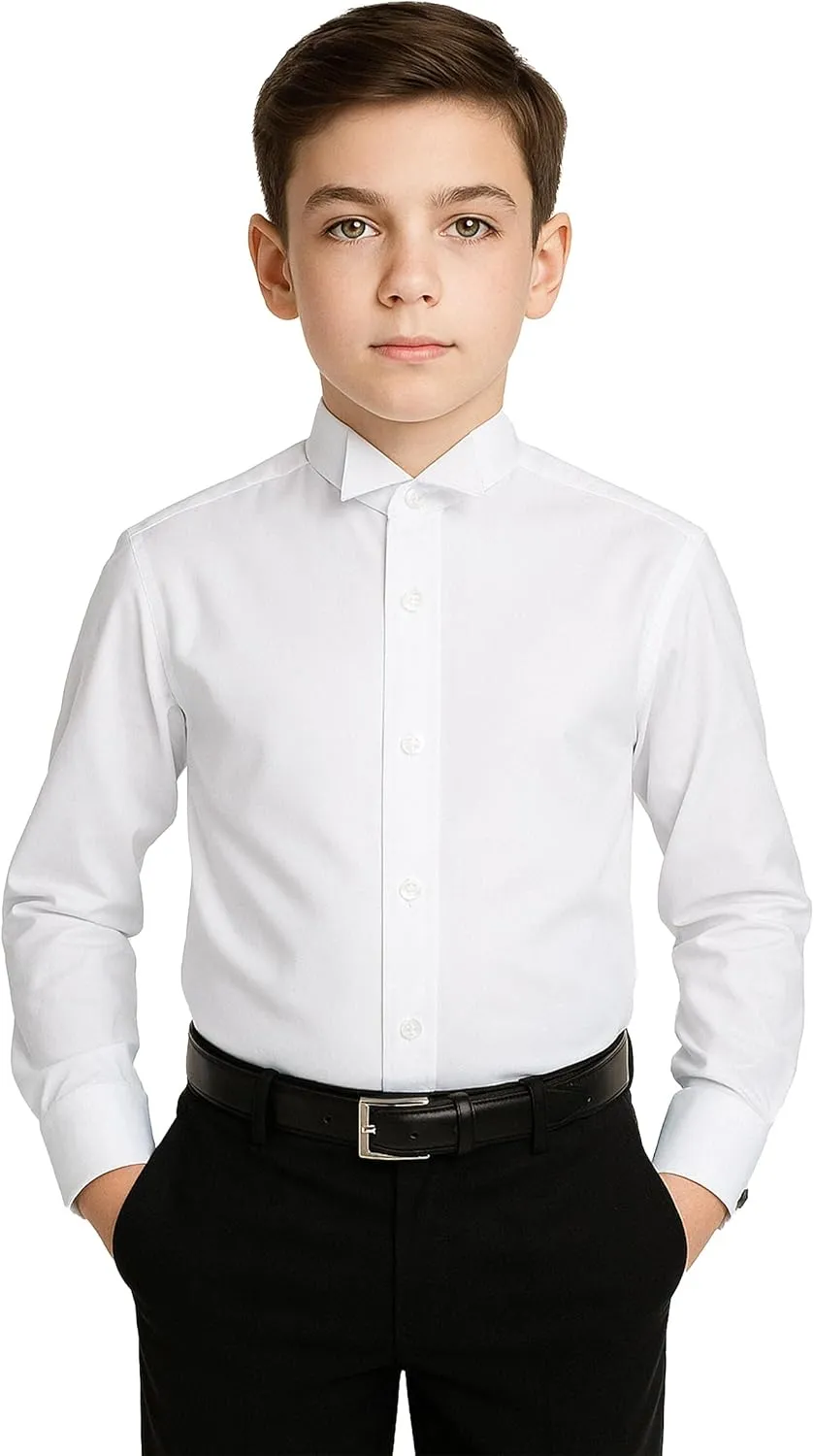 SIRRI Boys Slim Fit Tuxedo White Shirt with Wing Fly Collar and Detachable Cufflinks - Cotton Blend for Formal Occasions