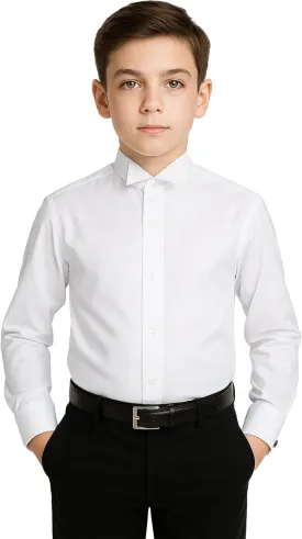 SIRRI Boys Slim Fit Tuxedo White Shirt with Wing Fly Collar and Detachable Cufflinks - Cotton Blend for Formal Occasions
