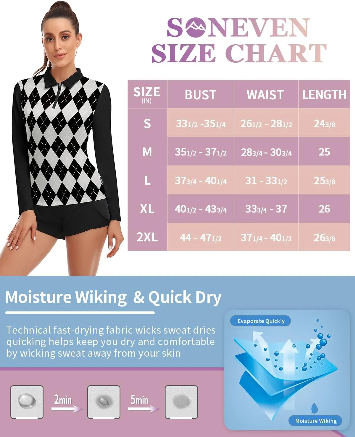 Soneven Womens Long Sleeve Polos 1/4 Zip Moisture Wicking Collared Golf Shirt Slim Fit for Casual Work