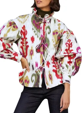 Tankaneo Womens Floral Printed Tie Front Blouses Dressy Casual Vintage Mock Neck Tops Oversized Long Sleeve Shirts
