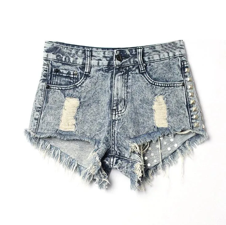 Vintage Tassel Rivet Ripped High Waist Denim Short