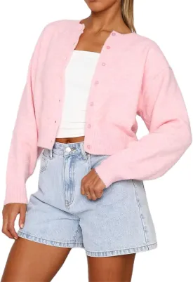 Women Casual Solid Long Sleeve Whispers Knit Cardigan Cute Y2k Crewneck Open Front Button Down Cropped Cardigan Sweater