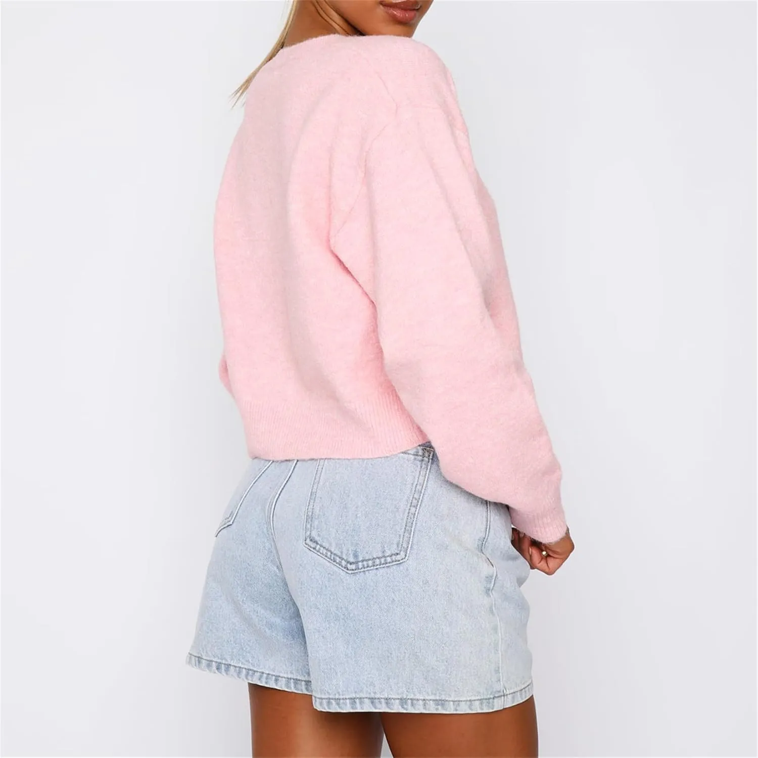 Women Casual Solid Long Sleeve Whispers Knit Cardigan Cute Y2k Crewneck Open Front Button Down Cropped Cardigan Sweater