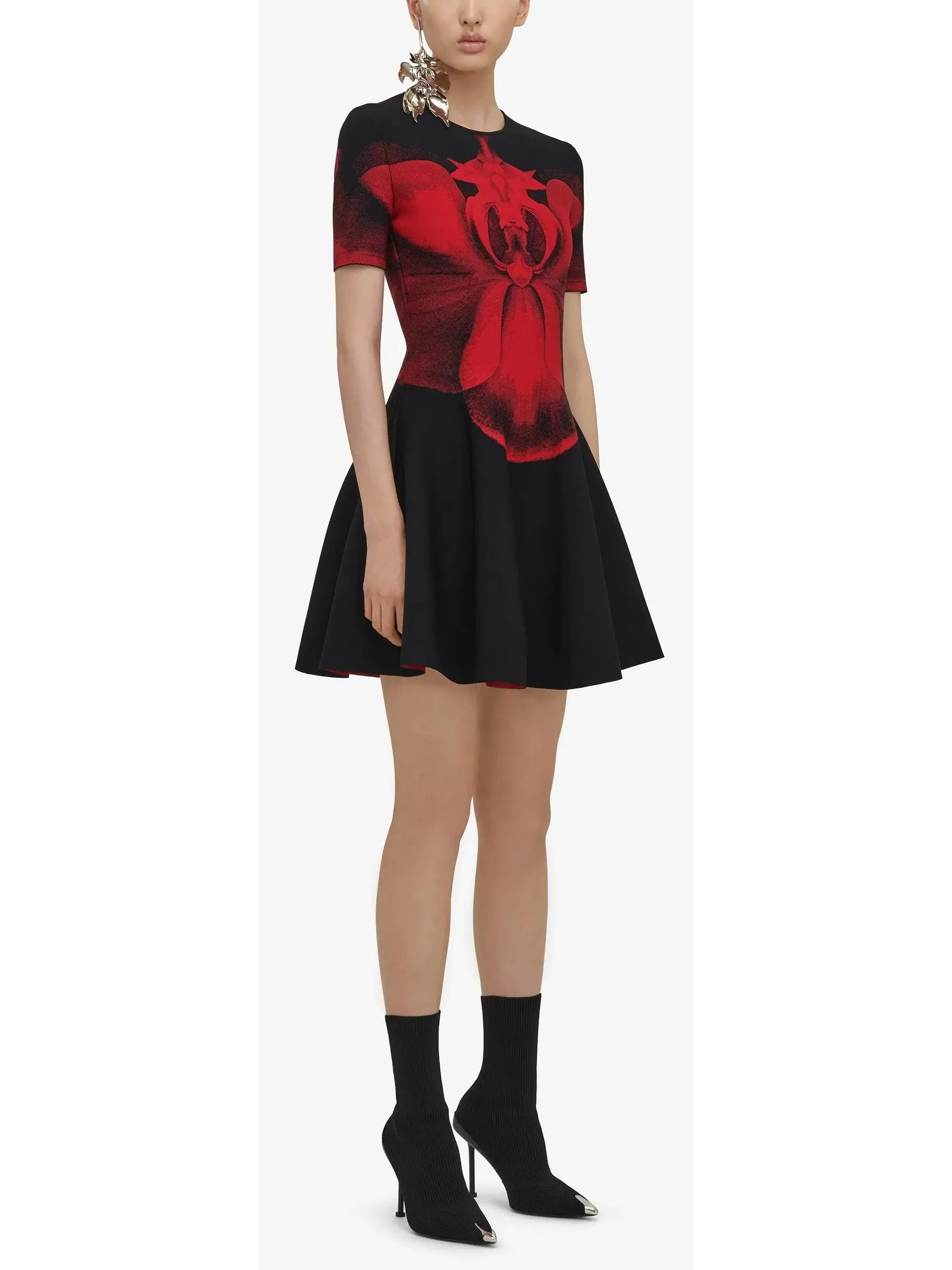 Women’s Abstract Orchid Print Fit and Flare Knit Mini Dress in Black