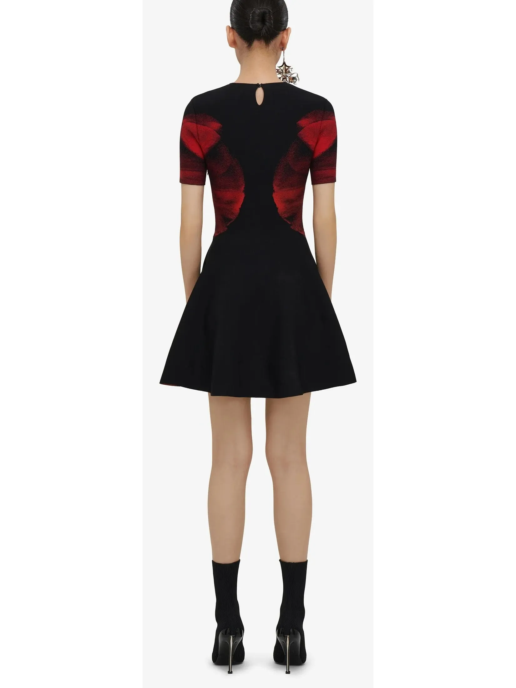 Women’s Abstract Orchid Print Fit and Flare Knit Mini Dress in Black