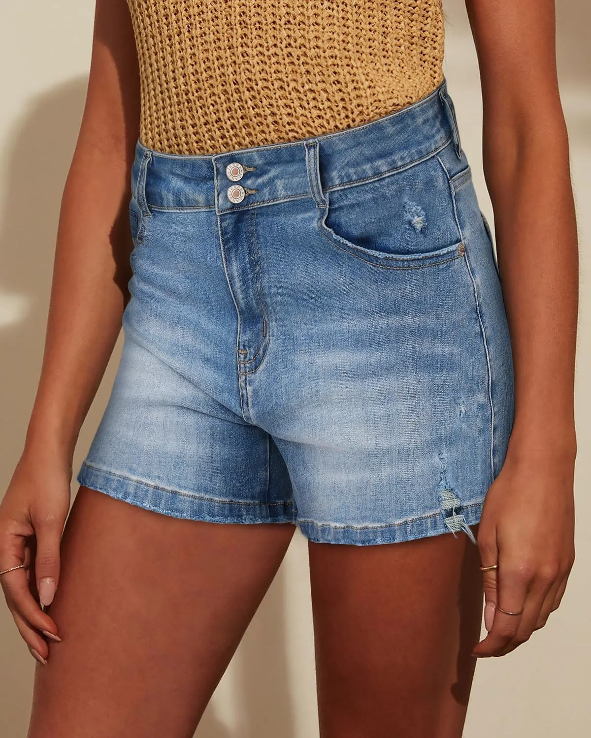 Womens Casual Stretch Denim Jean Shorts with Button Pockets for Summer