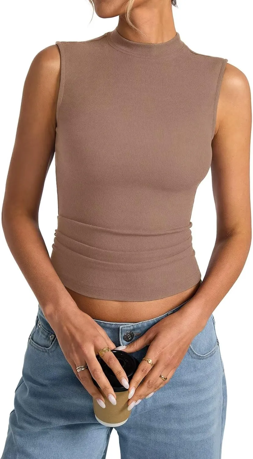 Womens Cotton Ribbed Tank Tops Sleeveless Mock High Neck Top Fitted Basic Summer Cami Shirts Y2K Outfits 2025