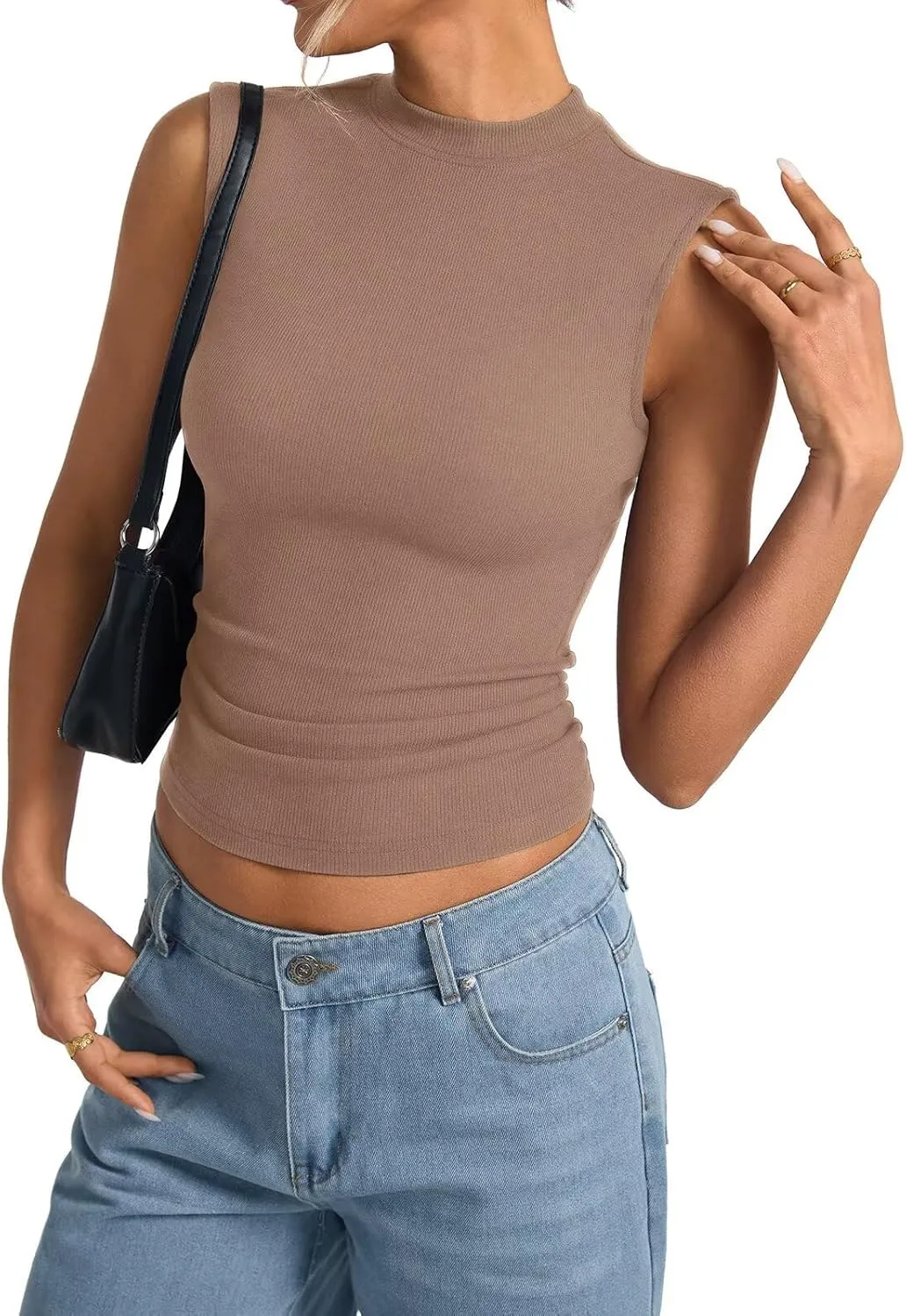 Womens Cotton Ribbed Tank Tops Sleeveless Mock High Neck Top Fitted Basic Summer Cami Shirts Y2K Outfits 2025