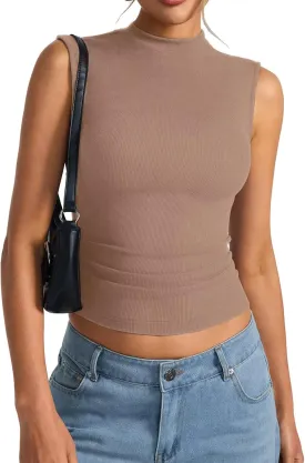 Womens Cotton Ribbed Tank Tops Sleeveless Mock High Neck Top Fitted Basic Summer Cami Shirts Y2K Outfits 2025