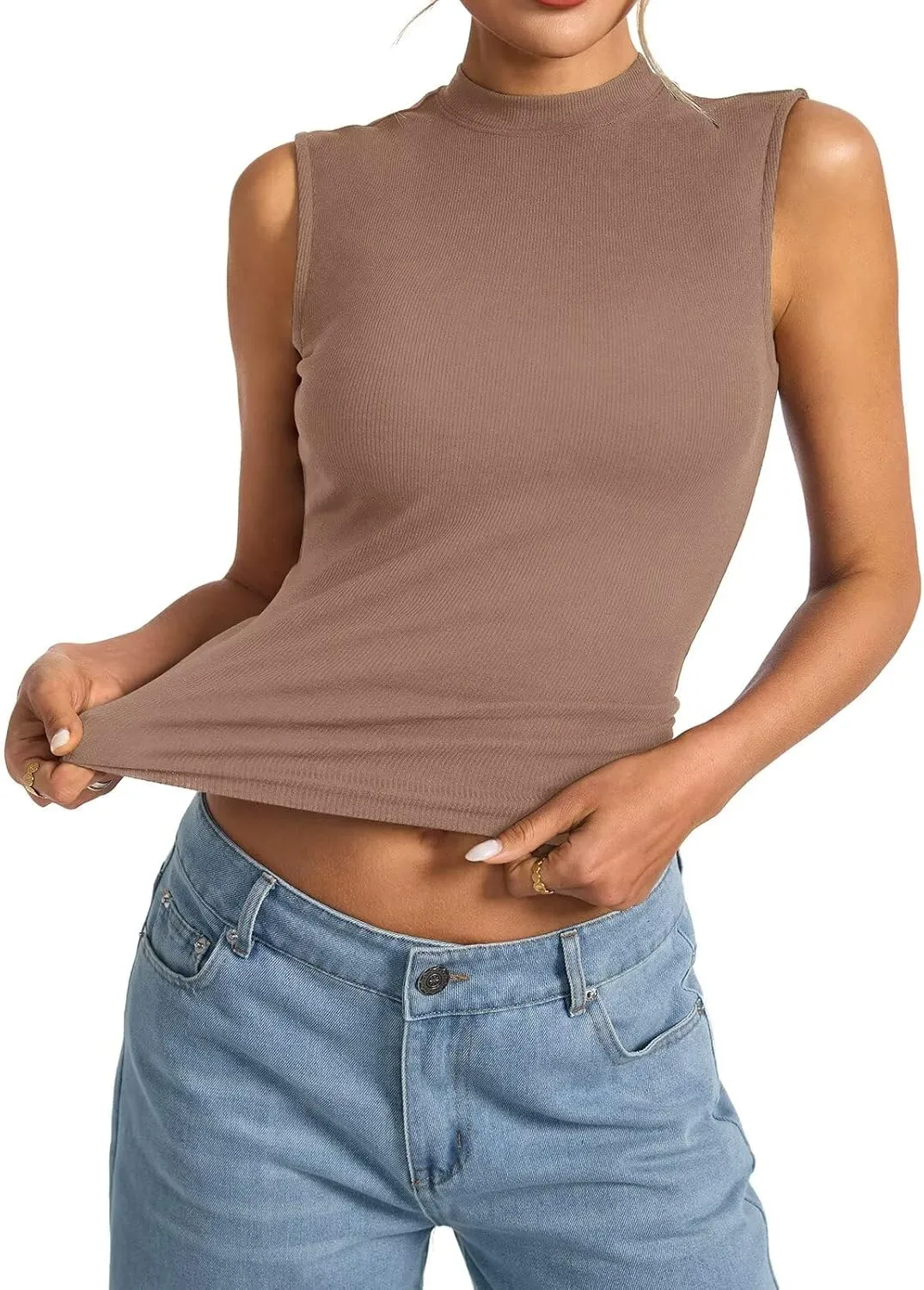Womens Cotton Ribbed Tank Tops Sleeveless Mock High Neck Top Fitted Basic Summer Cami Shirts Y2K Outfits 2025