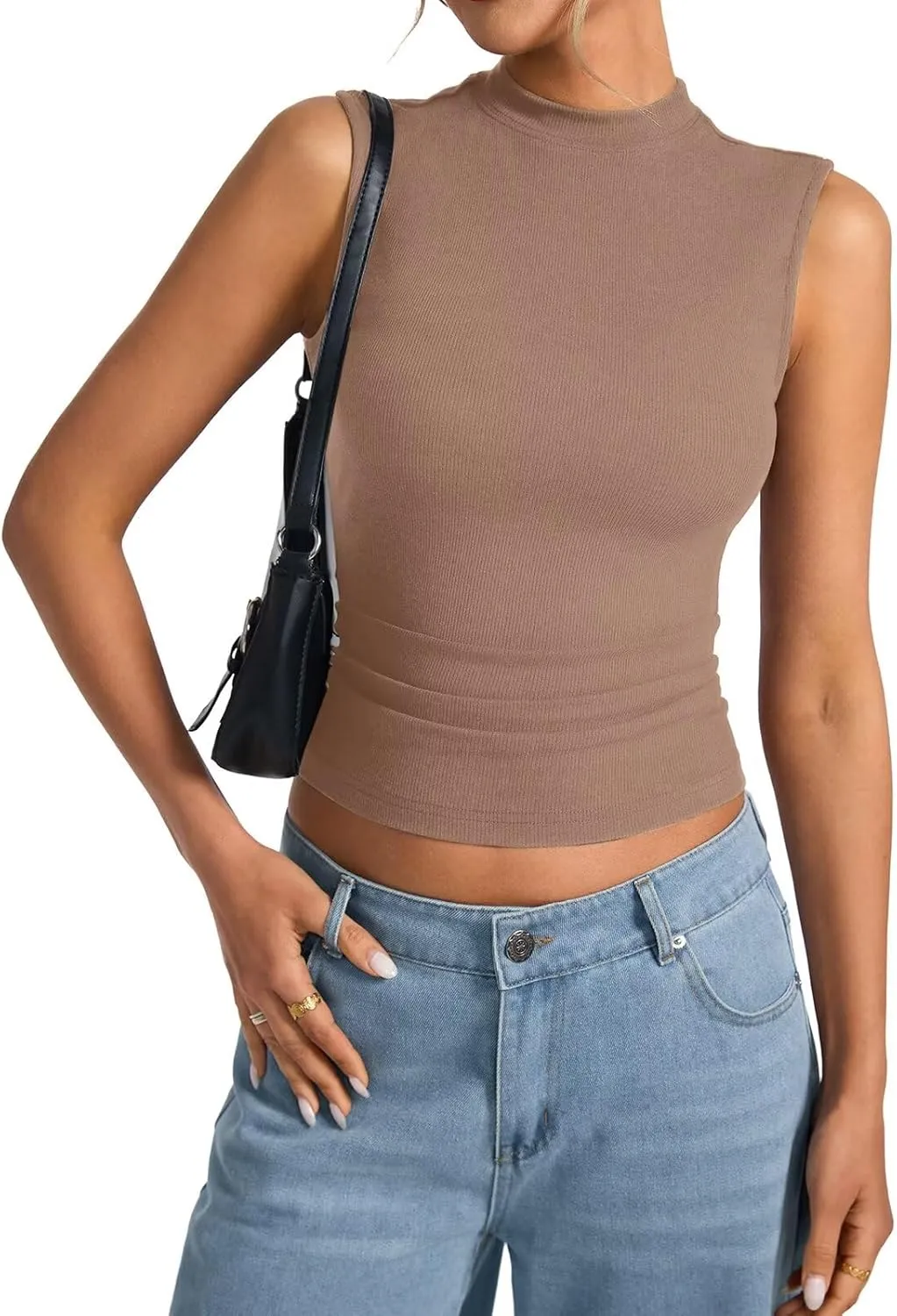 Womens Cotton Ribbed Tank Tops Sleeveless Mock High Neck Top Fitted Basic Summer Cami Shirts Y2K Outfits 2025