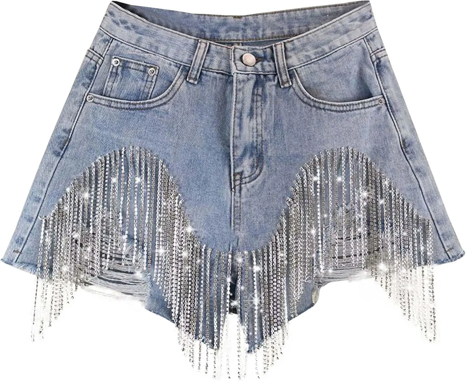Women's Diamond Tassels Denim Shorts Summer Casual High Waist Ripped Wide Leg Jeans Shorts with Rhinestone Fringe