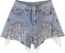 Women's Diamond Tassels Denim Shorts Summer Casual High Waist Ripped Wide Leg Jeans Shorts with Rhinestone Fringe