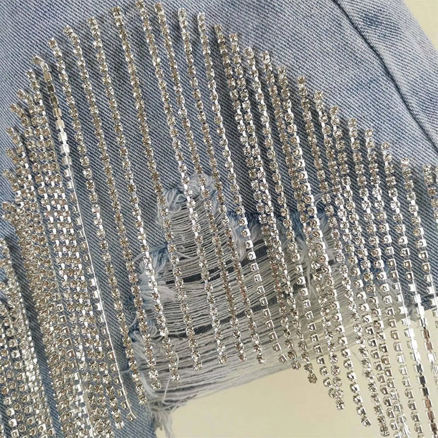 Women's Diamond Tassels Denim Shorts Summer Casual High Waist Ripped Wide Leg Jeans Shorts with Rhinestone Fringe