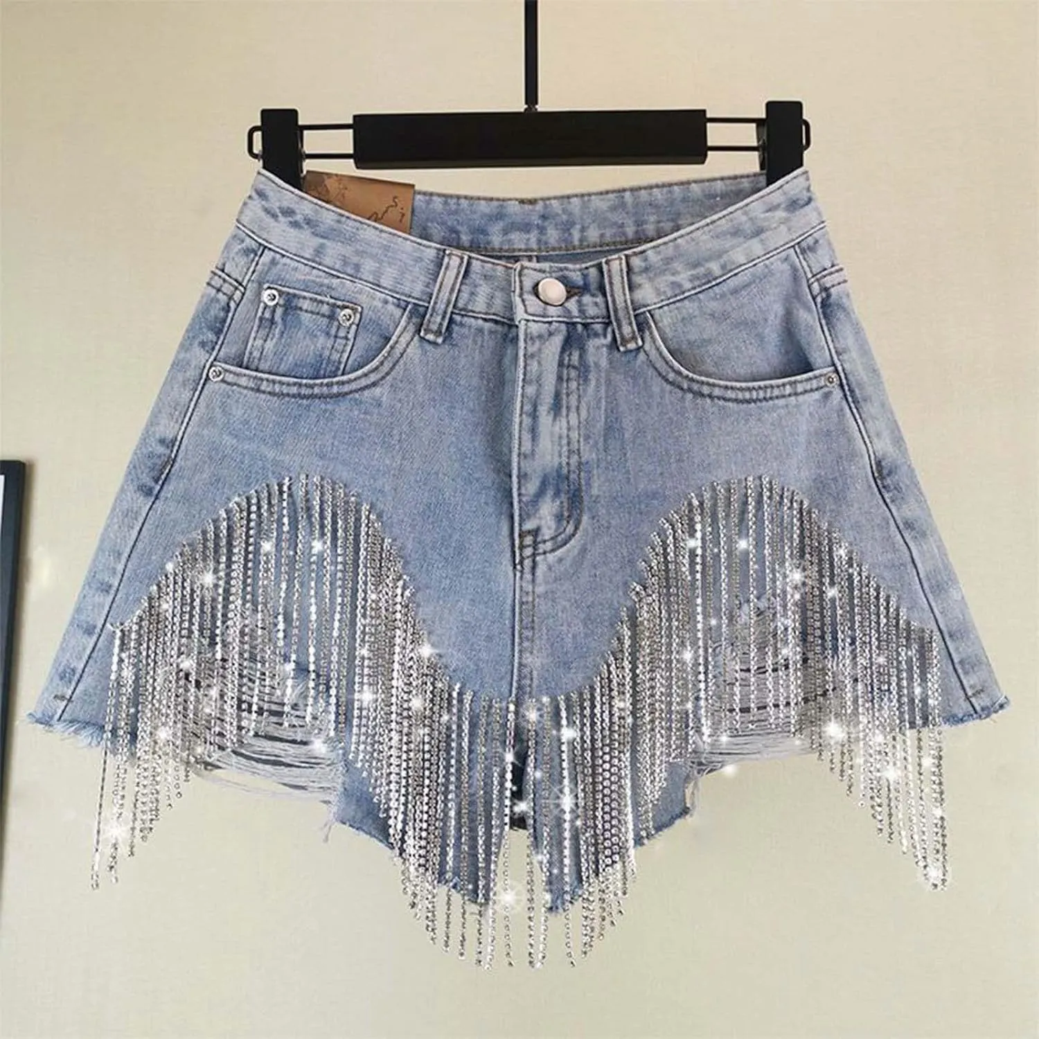 Women's Diamond Tassels Denim Shorts Summer Casual High Waist Ripped Wide Leg Jeans Shorts with Rhinestone Fringe