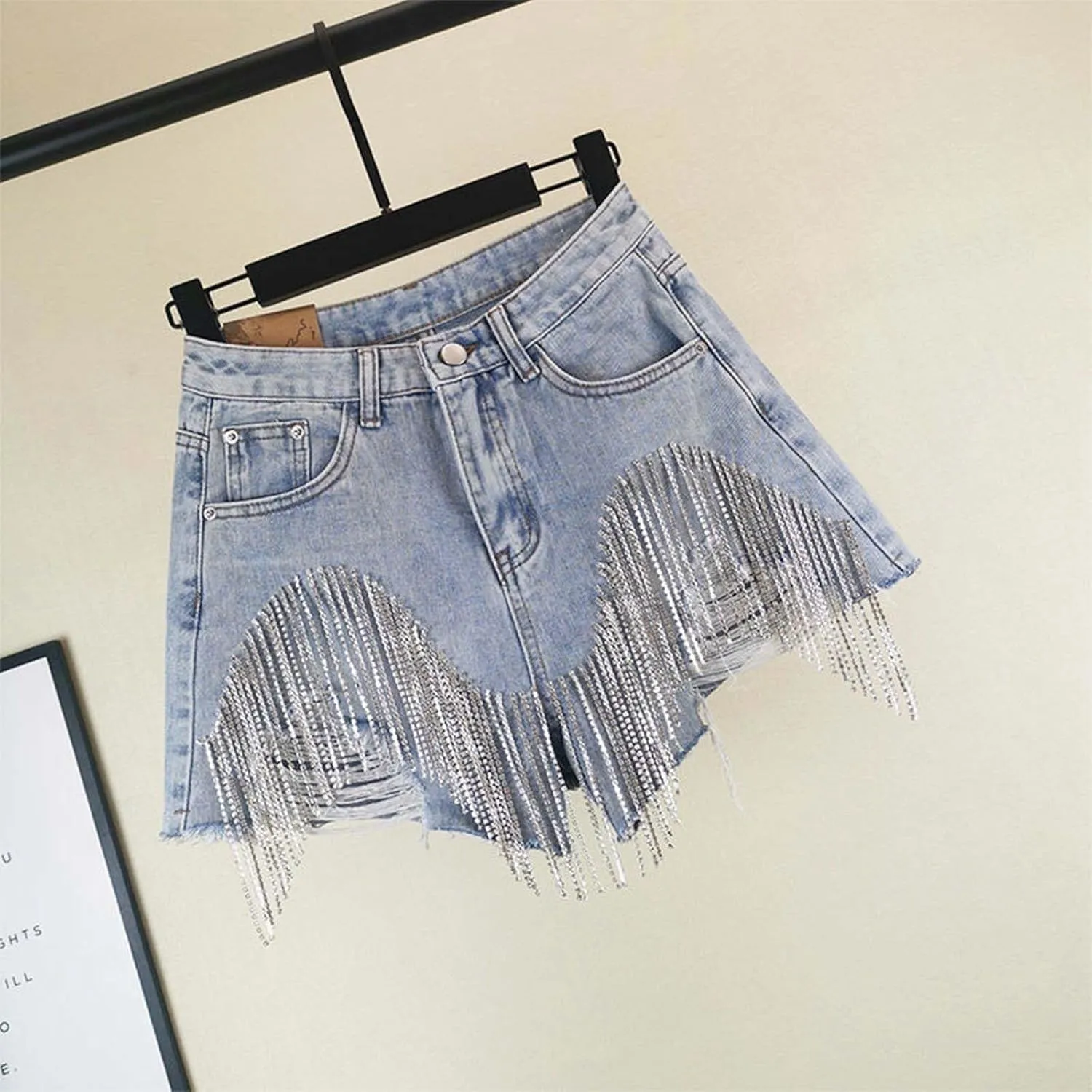 Women's Diamond Tassels Denim Shorts Summer Casual High Waist Ripped Wide Leg Jeans Shorts with Rhinestone Fringe