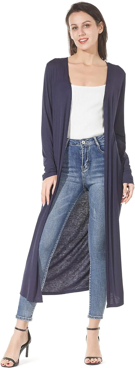 Women's Solid Sweater Essential Duster Long Cascading Open Front Lightweight Blue Cardigan