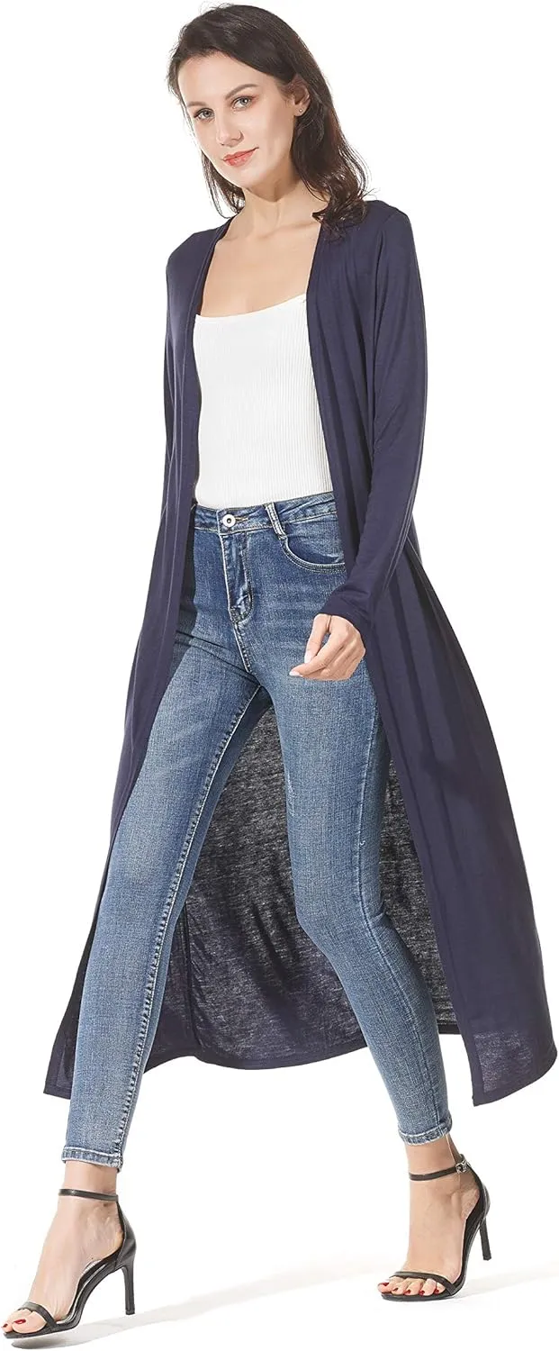 Women's Solid Sweater Essential Duster Long Cascading Open Front Lightweight Blue Cardigan