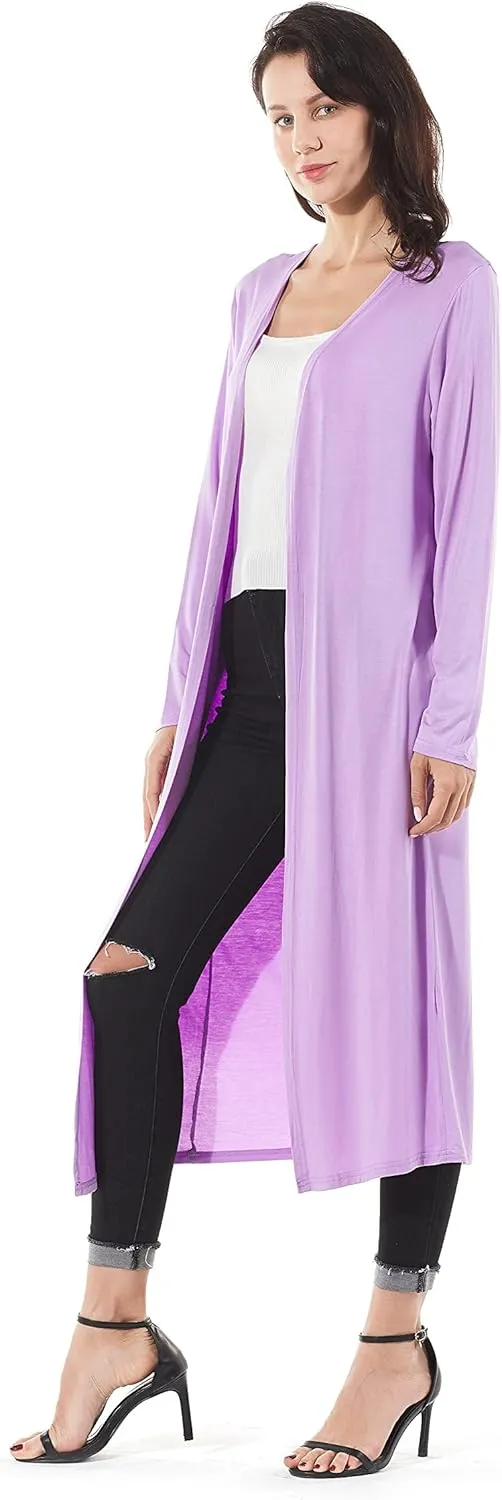 Women's Solid Sweater Essential Duster Long Cascading Open Front Lightweight Blue Cardigan