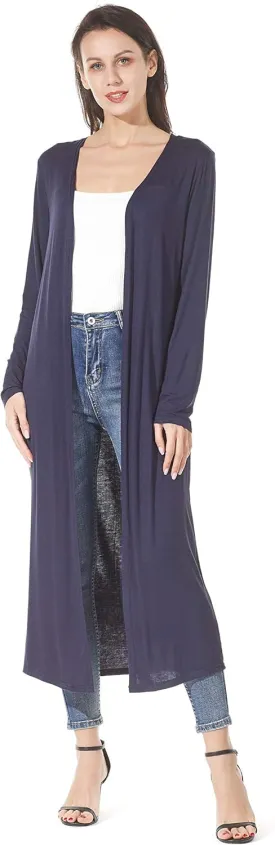 Women's Solid Sweater Essential Duster Long Cascading Open Front Lightweight Blue Cardigan