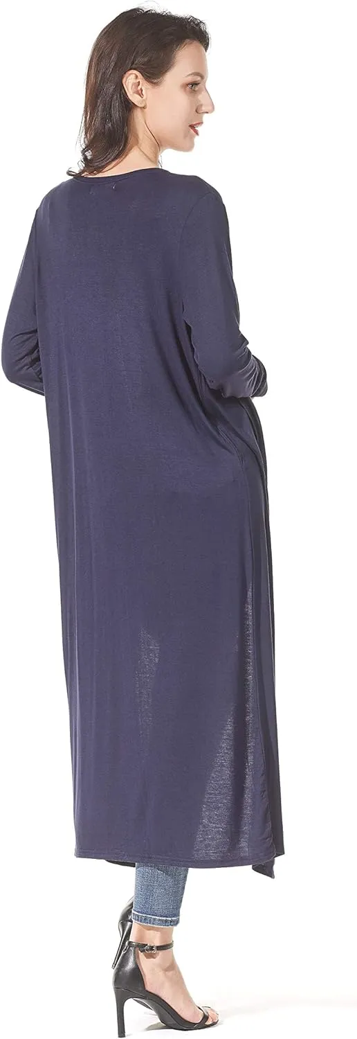 Women's Solid Sweater Essential Duster Long Cascading Open Front Lightweight Blue Cardigan