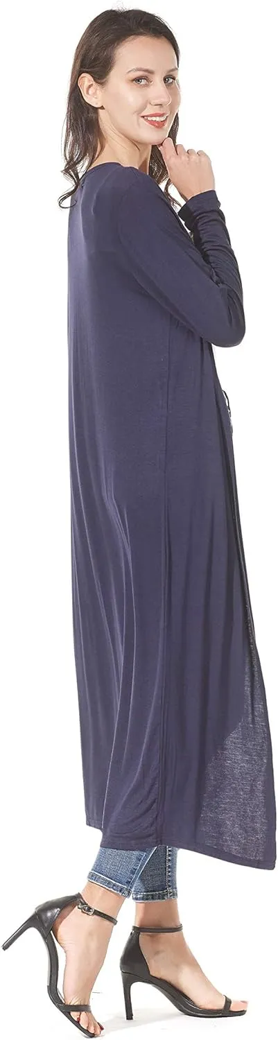 Women's Solid Sweater Essential Duster Long Cascading Open Front Lightweight Blue Cardigan