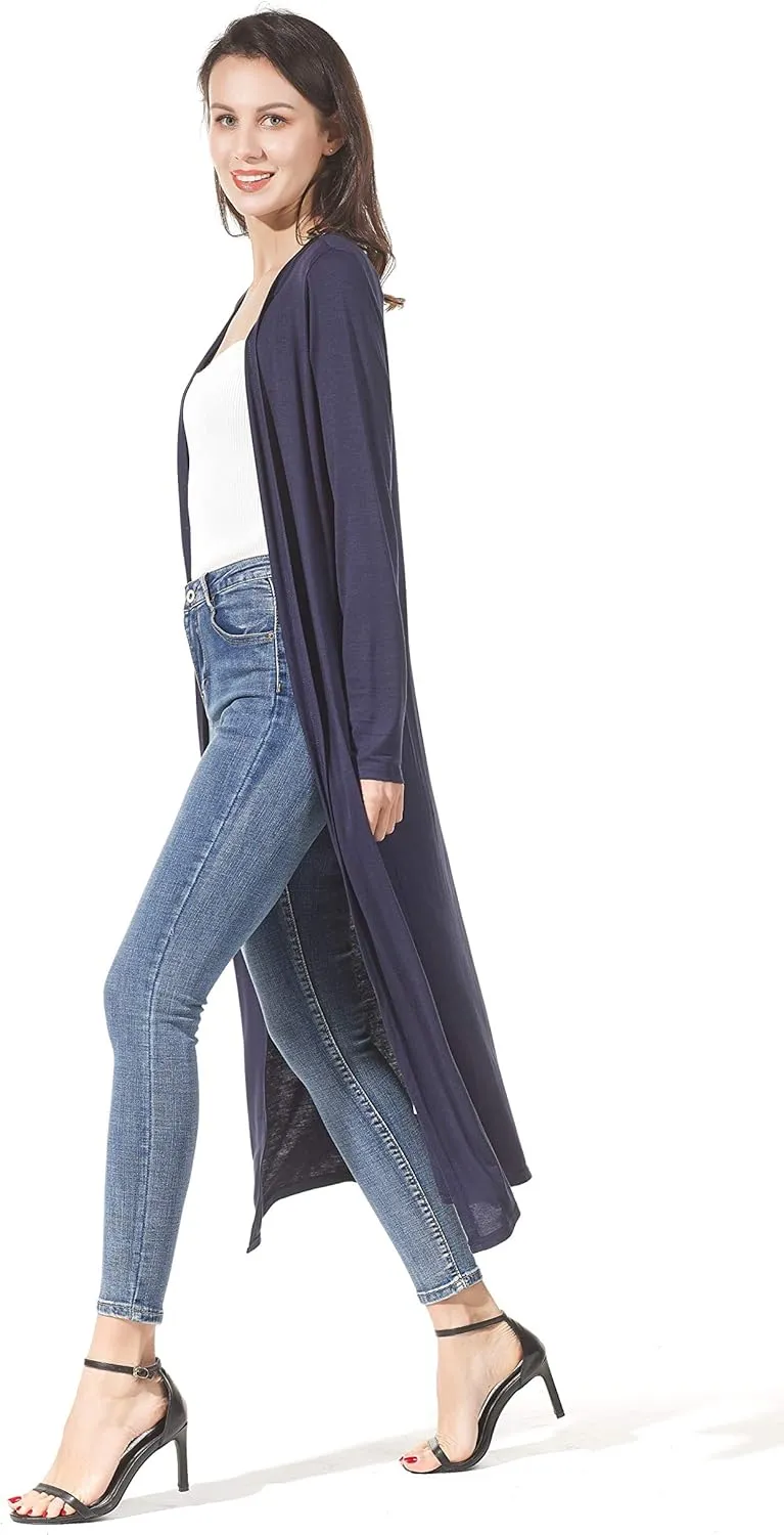 Women's Solid Sweater Essential Duster Long Cascading Open Front Lightweight Blue Cardigan