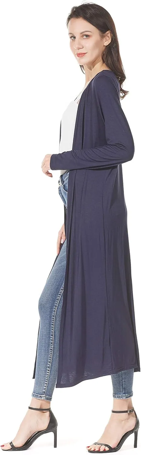Women's Solid Sweater Essential Duster Long Cascading Open Front Lightweight Blue Cardigan