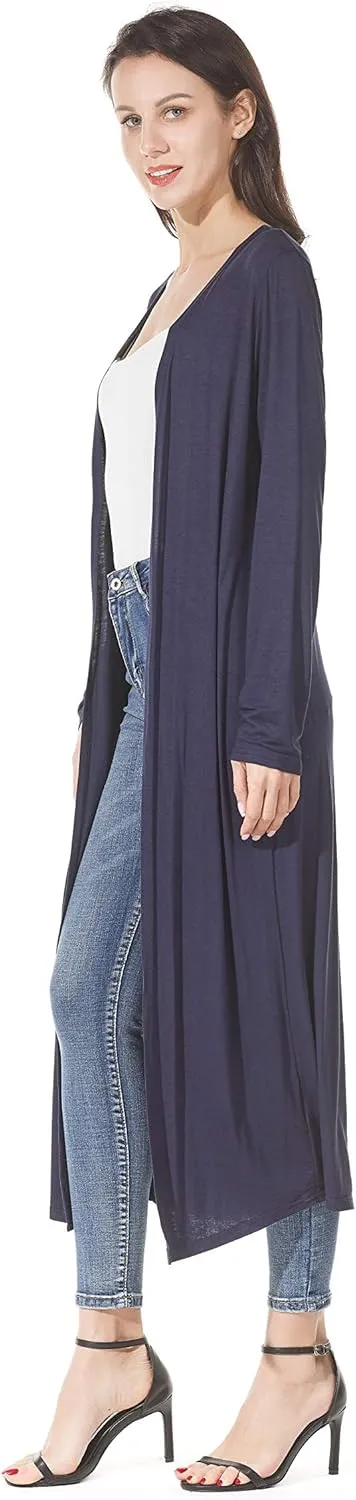 Women's Solid Sweater Essential Duster Long Cascading Open Front Lightweight Blue Cardigan