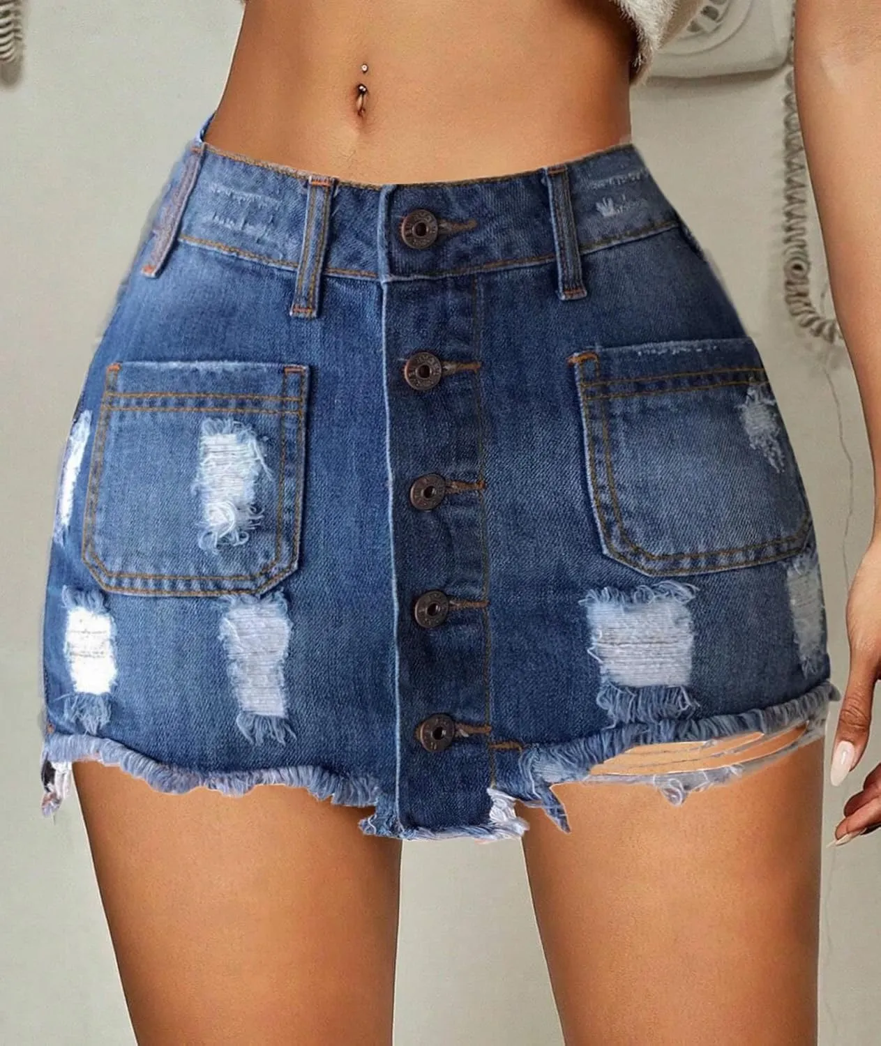 xxxiticat Women's High Waist Denim Skirt Front Button Closure Ripped Bodycon Frayed Raw Hem Blue Mini Jeans Skirt
