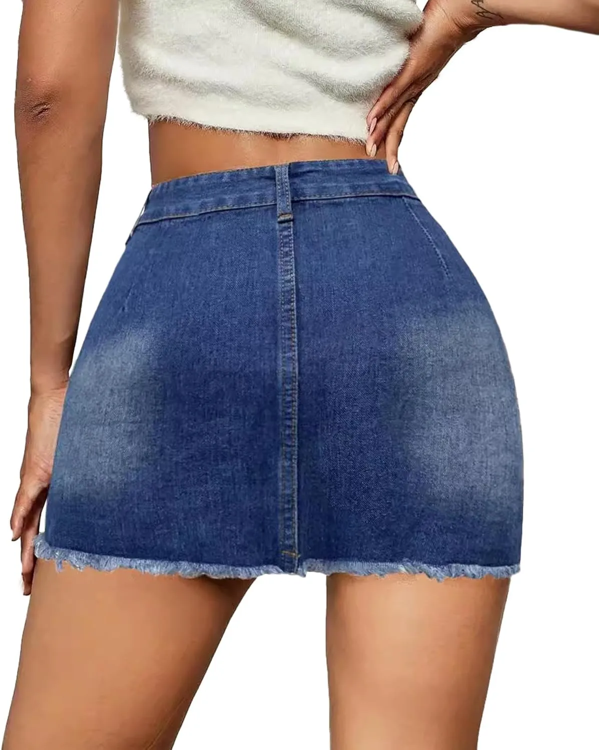xxxiticat Women's High Waist Denim Skirt Front Button Closure Ripped Bodycon Frayed Raw Hem Blue Mini Jeans Skirt