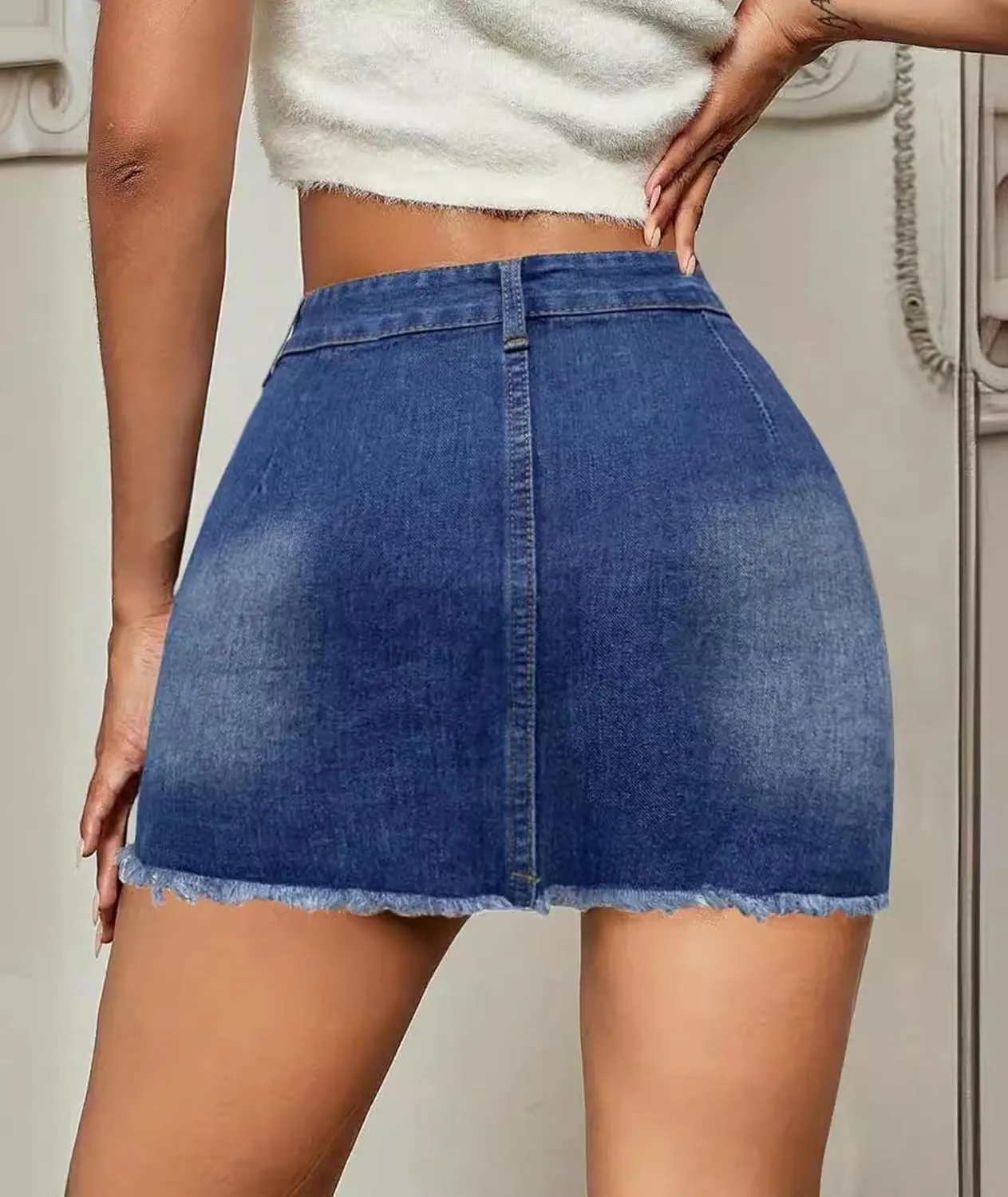 xxxiticat Women's High Waist Denim Skirt Front Button Closure Ripped Bodycon Frayed Raw Hem Blue Mini Jeans Skirt