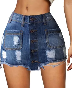 xxxiticat Women's High Waist Denim Skirt Front Button Closure Ripped Bodycon Frayed Raw Hem Blue Mini Jeans Skirt