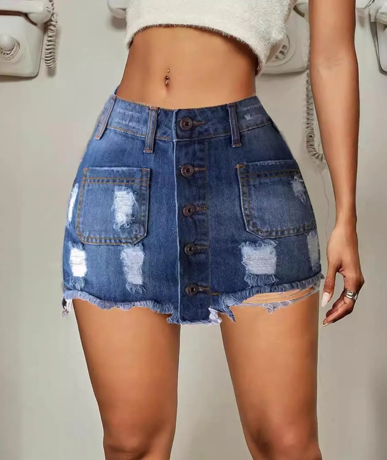 xxxiticat Women's High Waist Denim Skirt Front Button Closure Ripped Bodycon Frayed Raw Hem Blue Mini Jeans Skirt