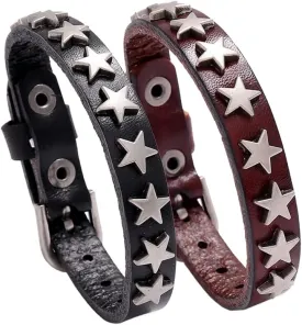YWMAN 2 PCS Gothic Pentagram Studded Bracelet - Vintage Leather Star Wristband Cuff - Rock Wrist Strap Buckle Jewelry for Men